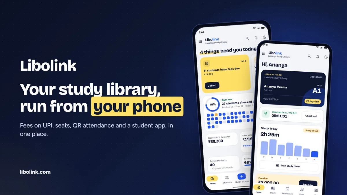Libolink runs a study library from one phone: fees on UPI, seats, QR attendance and a student app.