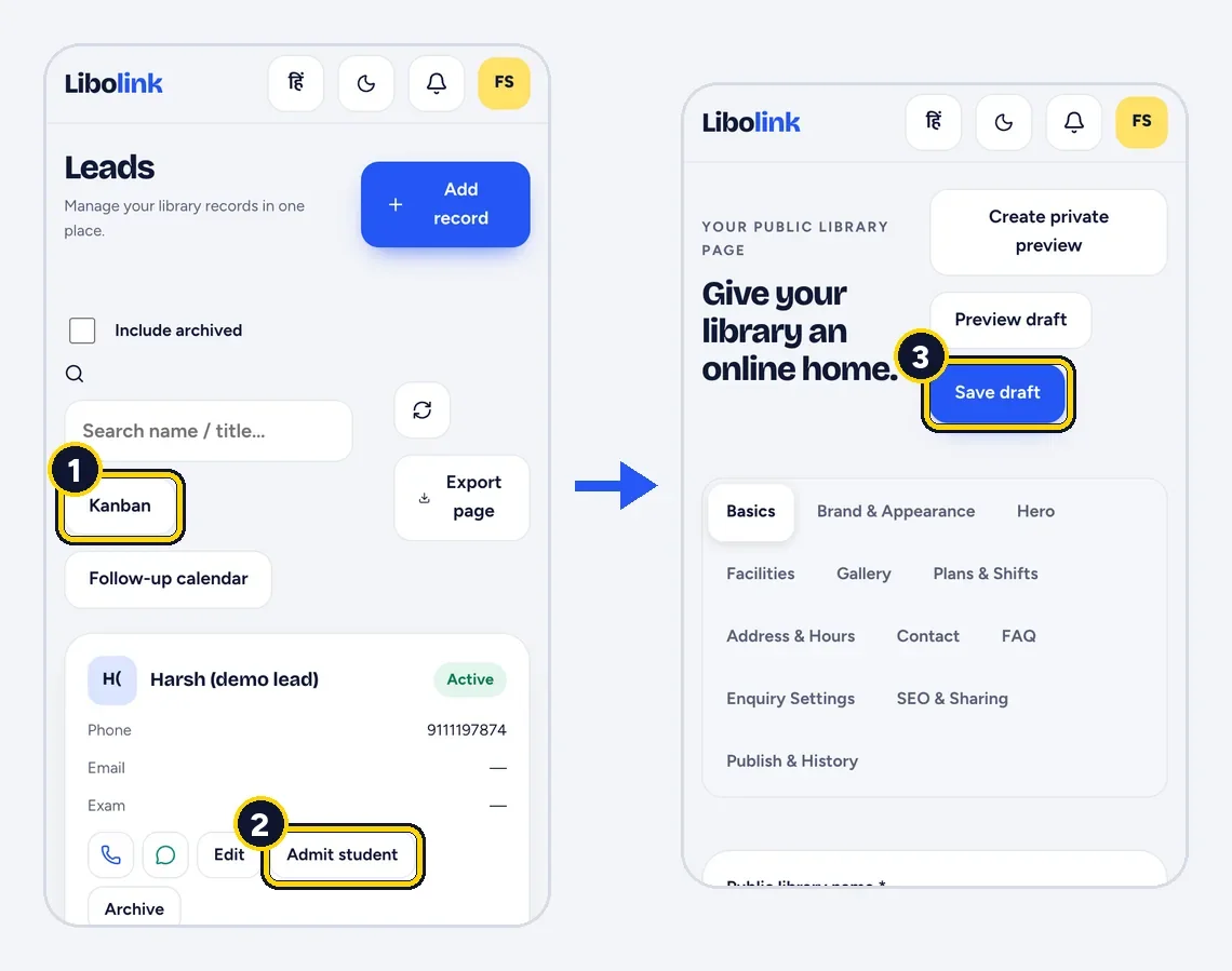 Enquiries land on the Leads board (1) and become students with Admit student (2). Your public library page is edited and published from the same app (3).