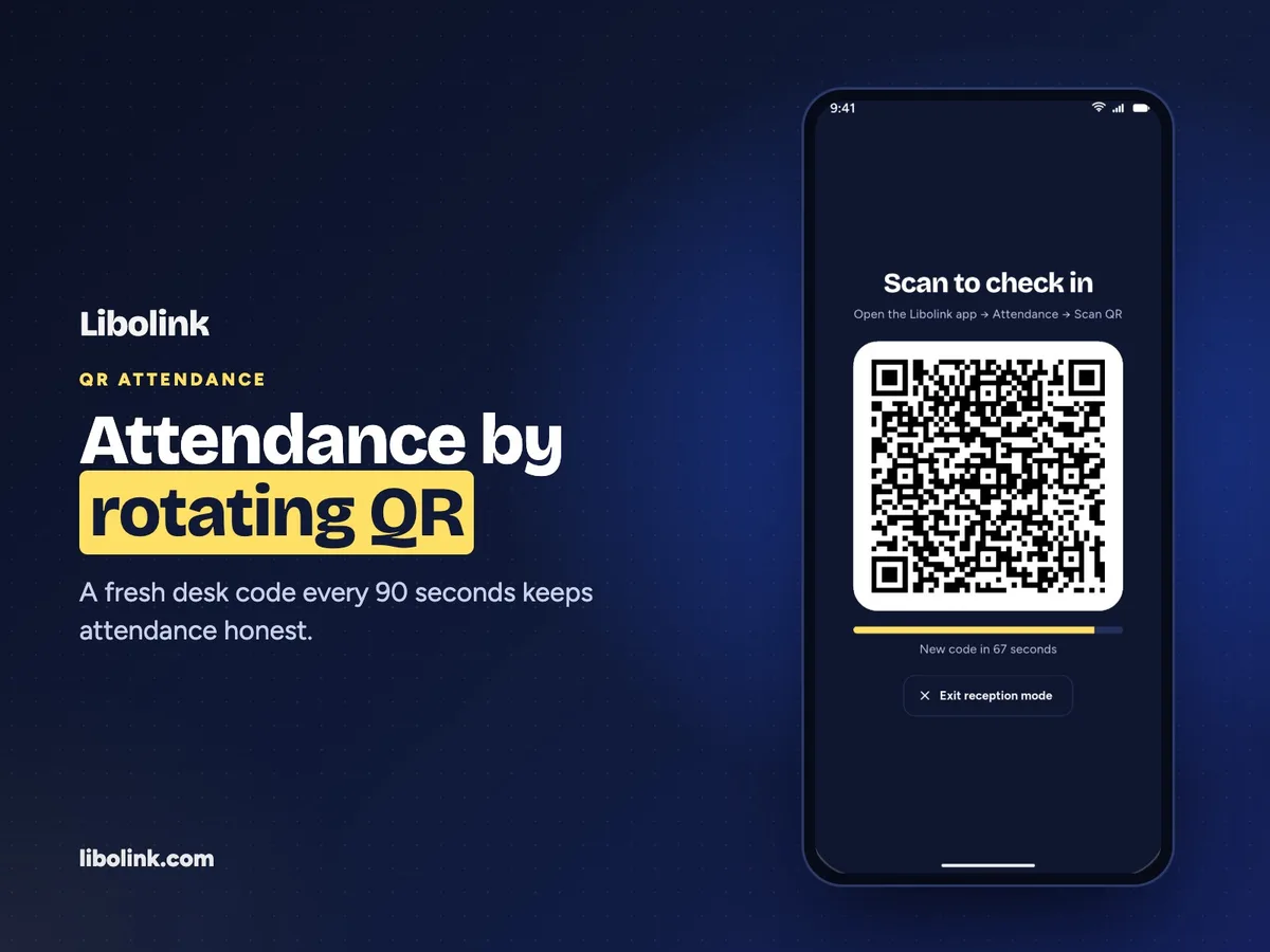 Reception mode shows a QR code that changes every 90 seconds, so attendance cannot be marked from home.