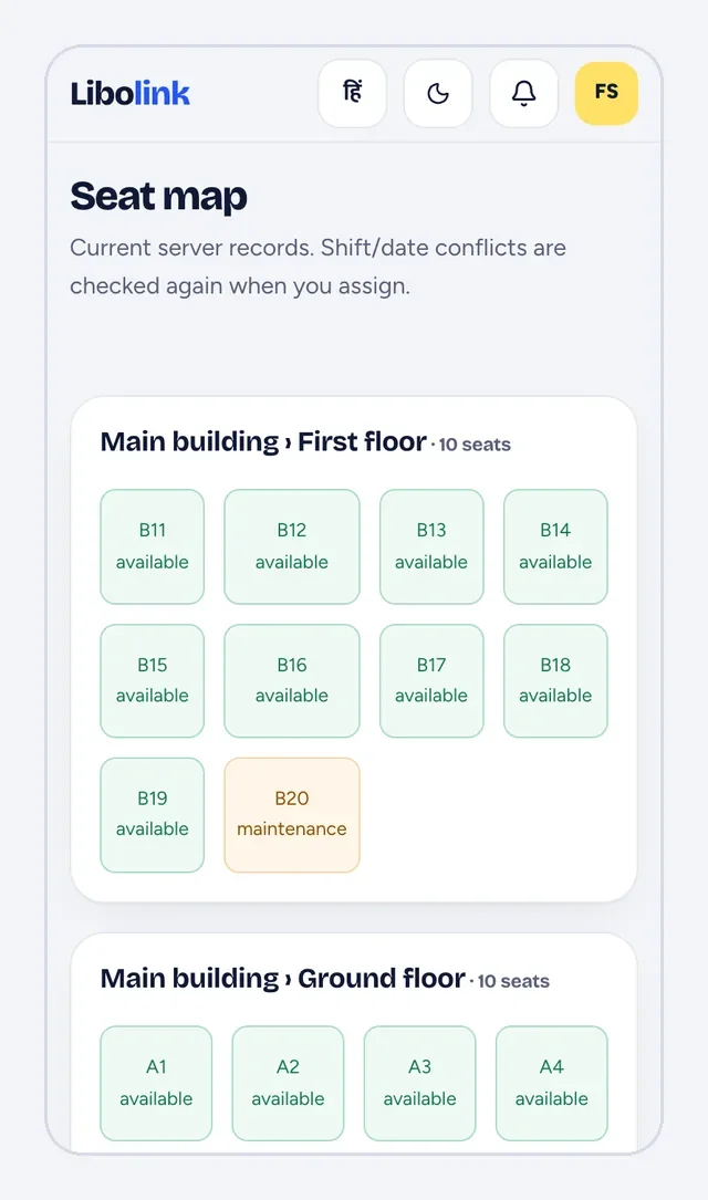 The Libolink seat map: seats grouped by building and floor, with a broken seat marked as maintenance.